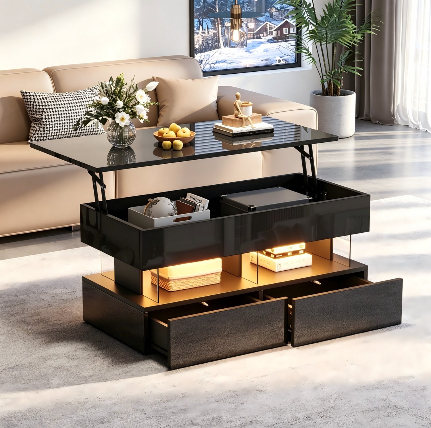 CHICFURN Salontafel - hydraulisch verstelbaar - 2 lades - zwart