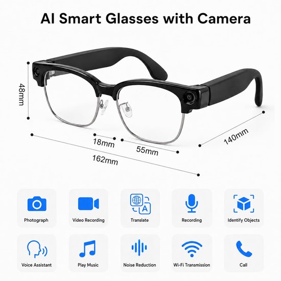 AI Smart Bril - met 800W Camera & 1080P Videoopname - AI Vertaal, Stemaassistent - Transparante Anti-blauwe Lichtlenzen - AI Record - Geluidsreductie - Bluetooth — afbeelding 2