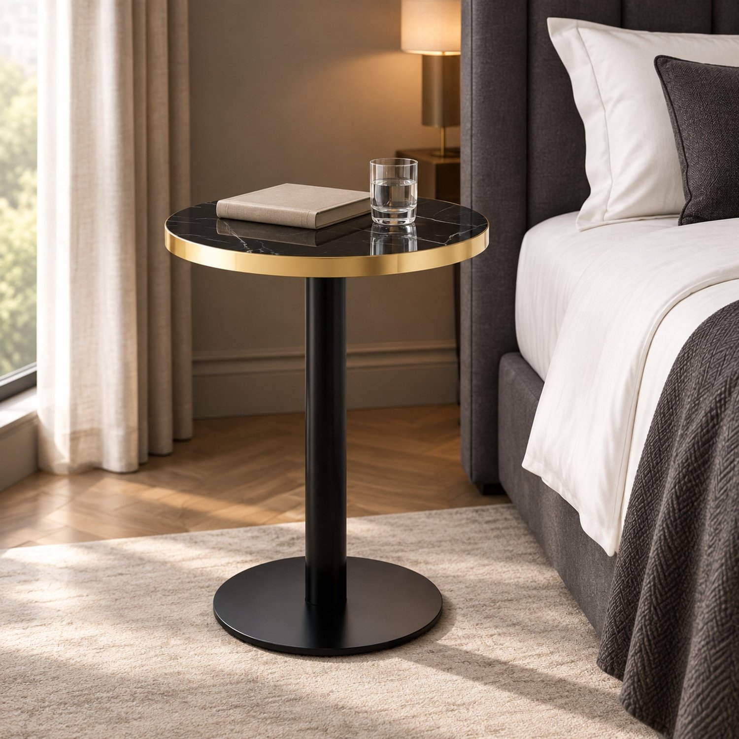 CHICFURN Bijzettafel - Marmerlook - Ronde tafelvoet - Zwart