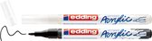 Twee Edding acrylmarkers met extra fijne punt van 0,7-1 mm, een witte en een zwarte stift, getoond met zwarte inktlijn.