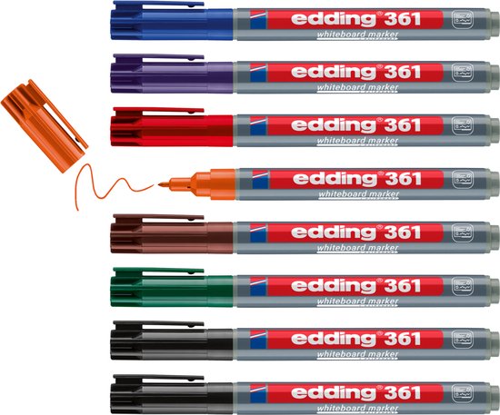 Lot de huit marqueurs pour tableau blanc Edding 361 de couleurs variées avec pointe ogive 1 mm et capuchon orange séparé.