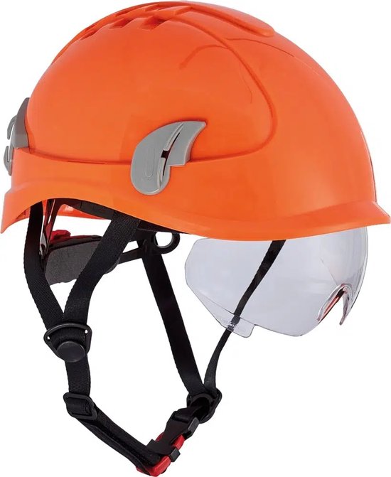 Oranje veiligheidshelm met helder vizier, grijze zij-elementen en zwarte kinband.