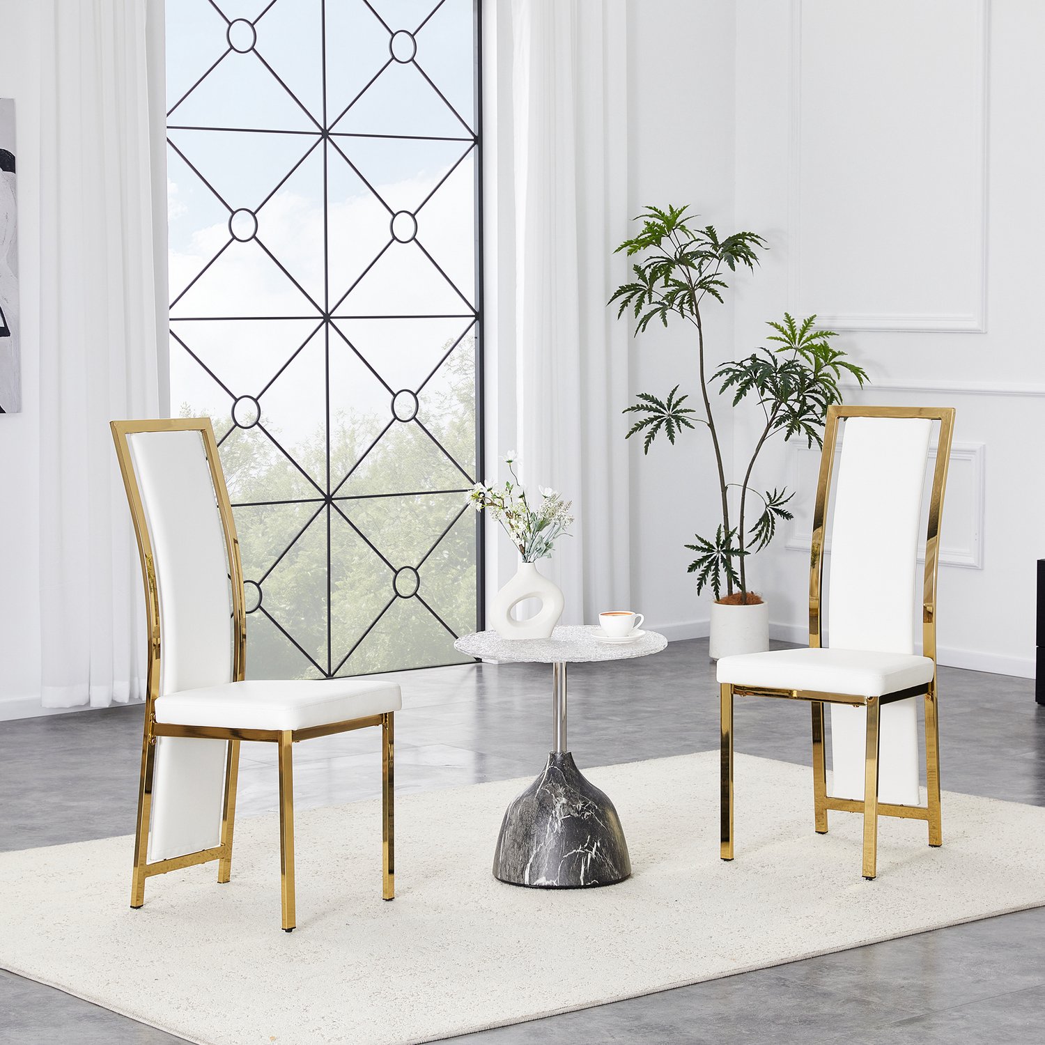 Clruro Eetkamerstoelen - Hoogte 109 cm - Set van 2 - Hoge Rugleuning - PU/Metaal - Wit/Goud Wit+Goud