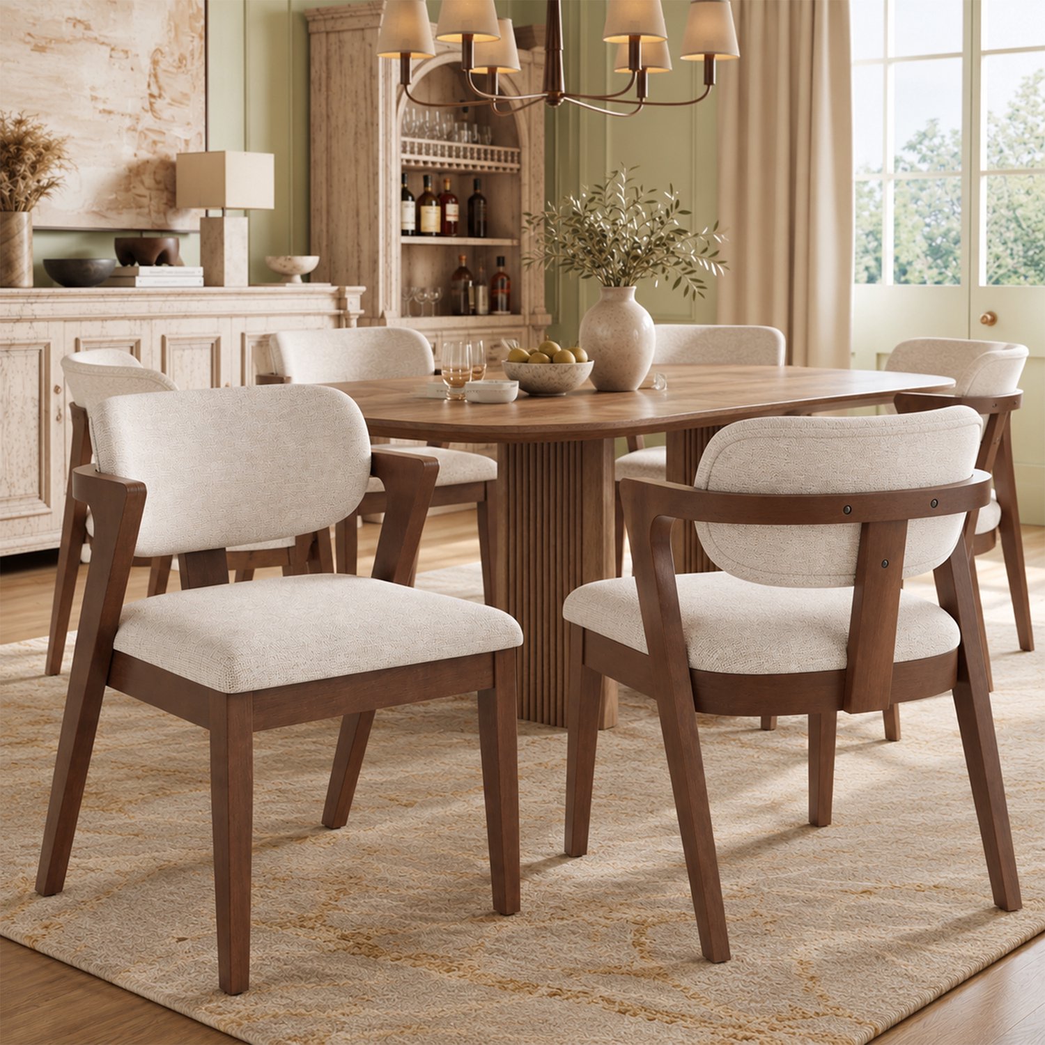 Clruro Eetkamerstoelen - Set van 6 - Ademend - Massief Hout/Linnen - Walnootkleur/Haverbeige