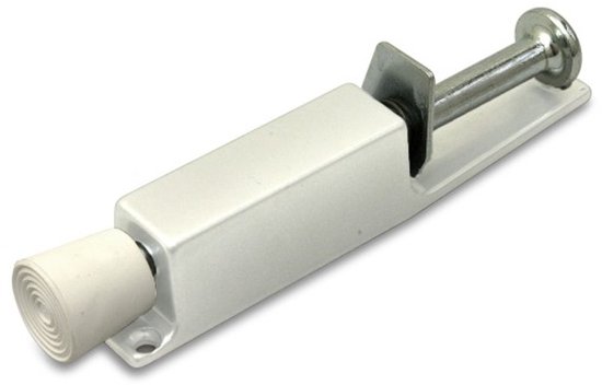Witte Dulimex deurvastzetter van 120x25 mm met rubberen dop en metalen uitschuifpen.
