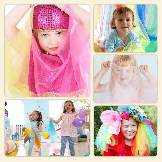Collage van 5 afbeeldingen: een meisje met roze hoofdtooi, een baby, een meisje dat door een sjaal kijkt, kinderen met sjaals en een meisje met regenbooghoofdtooi.
