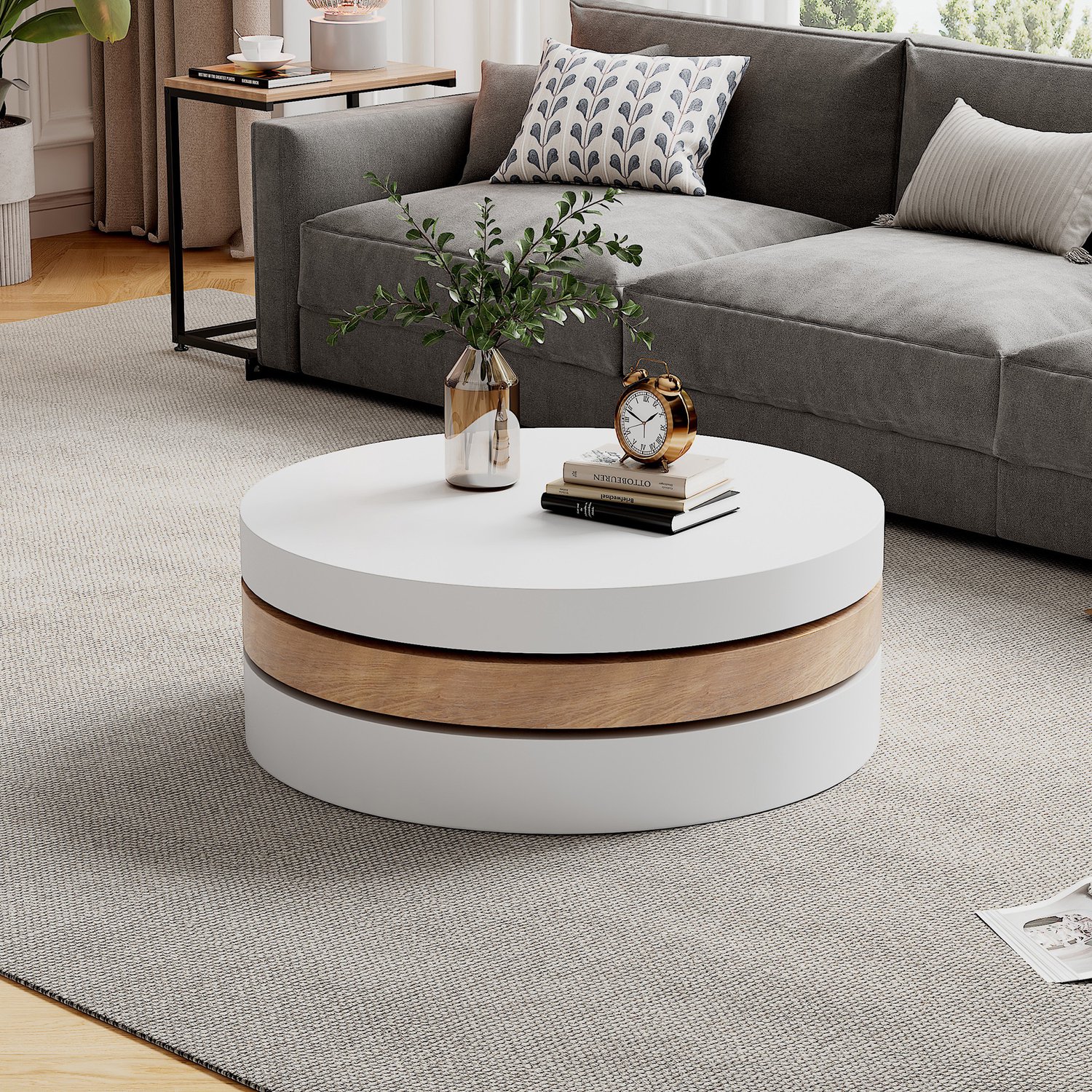 CHICFURN Salontafel - draaibaar - drielagig - wit en naturel