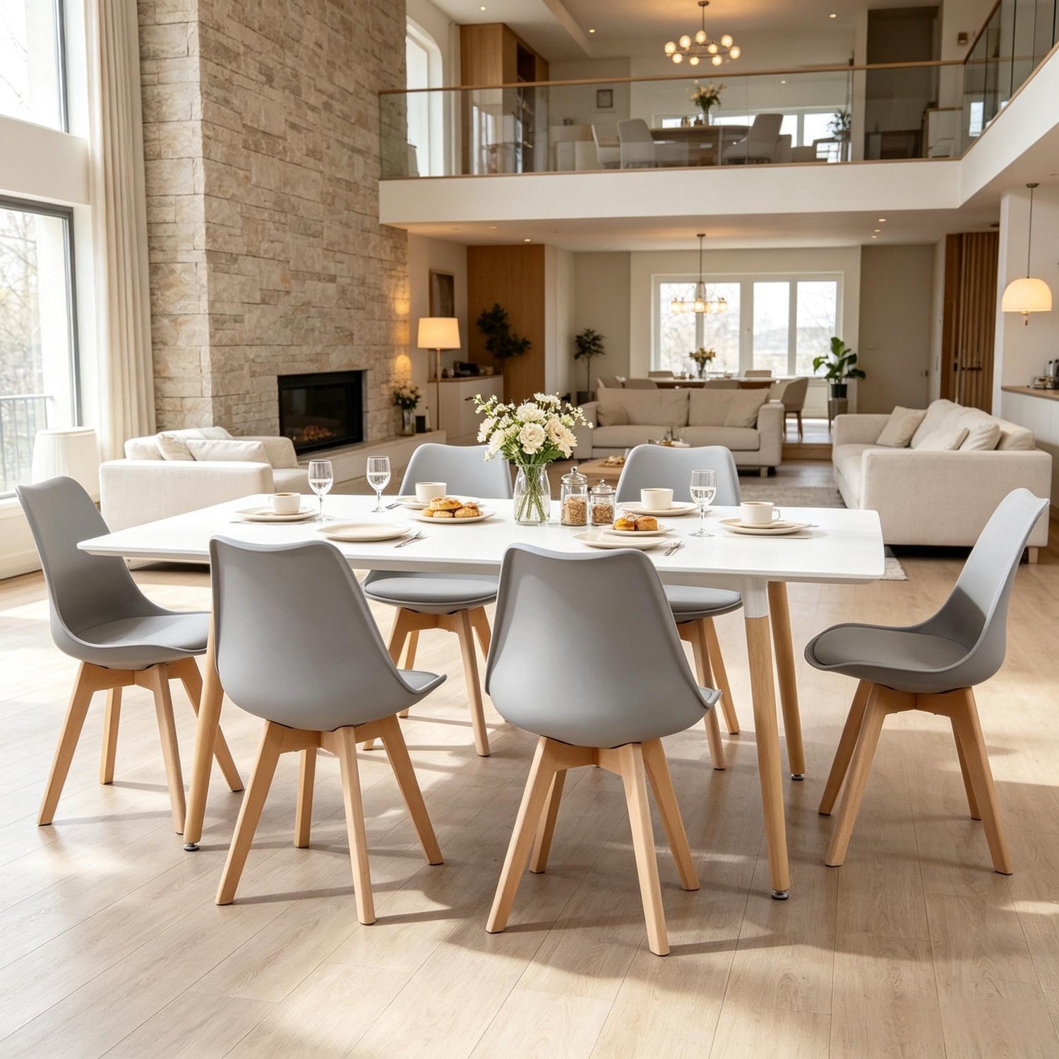 Clruro Eetkamerstoelen - 49×42×83 cm - Set van 6 - Gestoffeerd - Kunstleer/Hout - Grijs