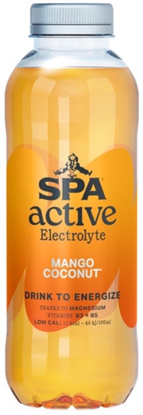 Fles Spa Active Mango Coconut elektrolytendrank, oranje tinten, 500ml met magnesium en vitamines B3 en B5.