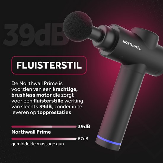 Zwart Northwall massagepistool met 39dB fluisterstille werking, vergelijkt met gemiddelde massage gun van 67dB.