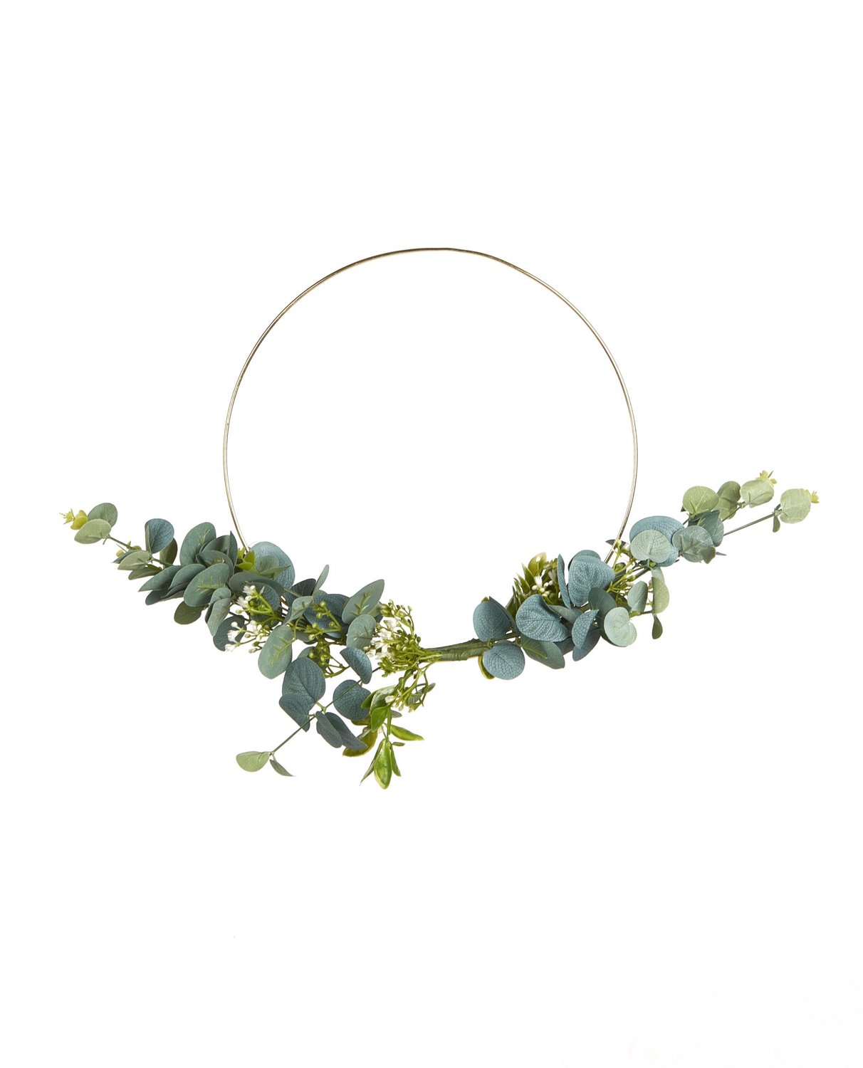 ARTYFETES - Metalen eucalyptuskrans met witte bloemen gouden cirkel 30 cm