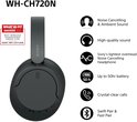 Zwarte Sony WH-CH720N koptelefoon met icoonlijst voor noise cancelling, 50 uur batterij en What Hi-Fi award 2025.