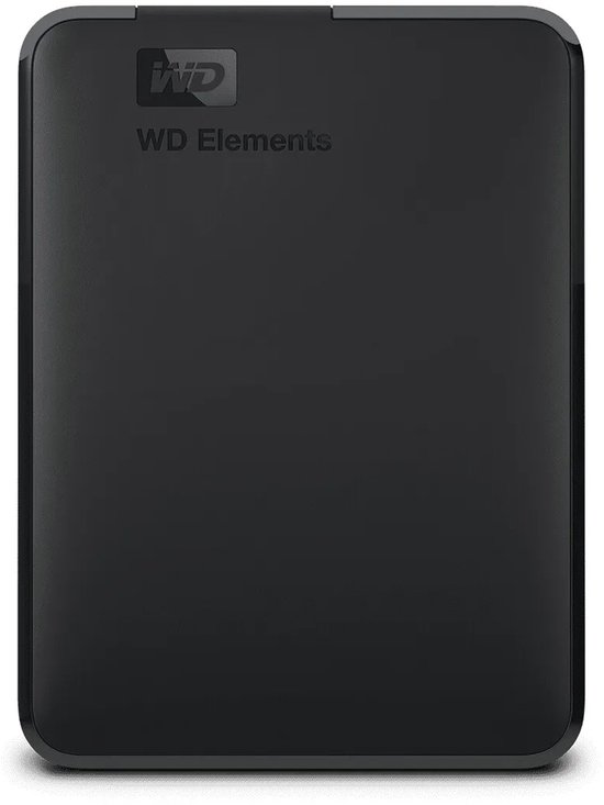 Zwarte, draagbare WD Elements harde schijf, vooraanzicht.