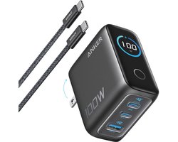 Anker Oplader - 100W Max USB C Oplader - 3-poorts GaN Wandadapter met Slim Display en Touchbediening - Inclusief USB-C Kabel