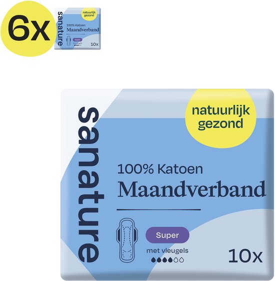 Verpakking van 6x Sanature 100% katoenen maandverband super met vleugels, 10 stuks per verpakking.