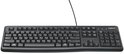 Bovenaanzicht van een zwart bedraad Logitech K120 toetsenbord.