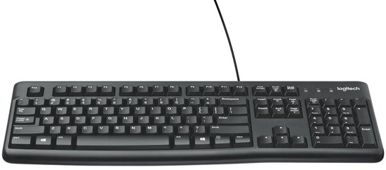 Bovenaanzicht van een zwart bedraad Logitech K120 toetsenbord.