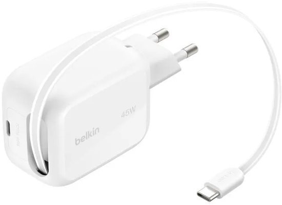Belkin BoostCharge Pro Oplader 45W Usb C Wit + Usb C Intrekbare Kabel 0,8m Kunststof
