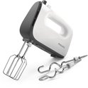 Witte Philips handmixer met kloppers en deeghaken ernaast.