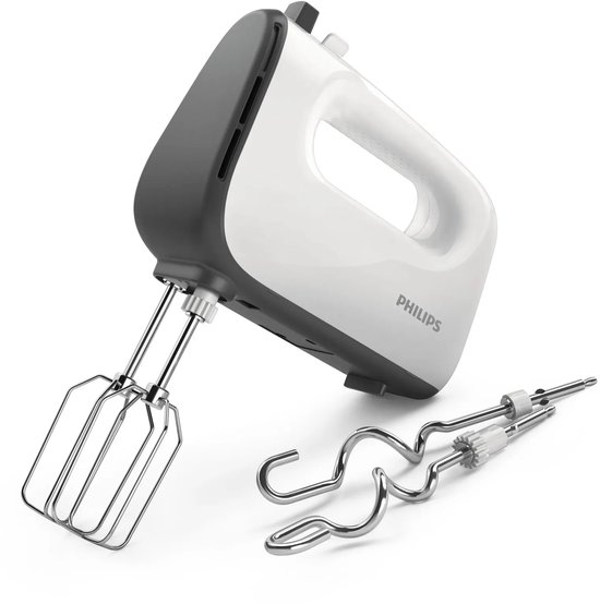 Witte Philips handmixer met kloppers en deeghaken ernaast.