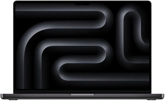 Zwarte 16-inch MacBook Pro met een abstract, golvend grijs behang op het scherm.