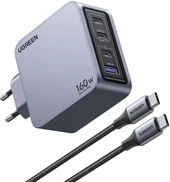 Ugreen Nexode Pro 160W GaN Charger with USB-C Cable Universeel Zwart, Grijs AC Snel opladen Binnen