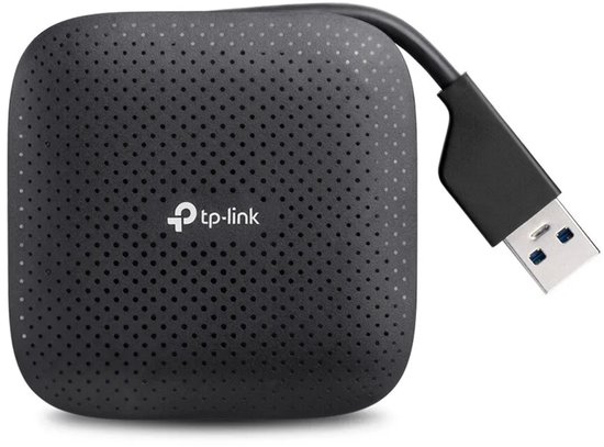 Bovenaanzicht van een zwarte TP-Link hub met geperforeerd patroon en USB-kabel.