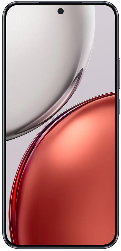 Vooraanzicht van een zwarte HONOR-smartphone met een kleurrijk, abstract display.