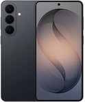 Zwarte smartphone getoond van voor en achter, met abstract schermbehang.