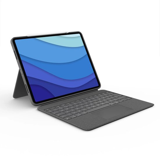 Grijze tablethoes met ingebouwd toetsenbord en trackpad in een schuine positie, zijaanzicht.