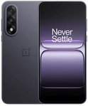 Grijze OnePlus-smartphone met het scherm en de achterkant zichtbaar, display toont 'Never Settle'.