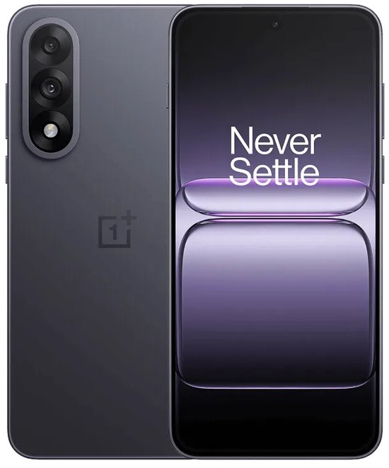 Grijze OnePlus-smartphone met het scherm en de achterkant zichtbaar, display toont 'Never Settle'.
