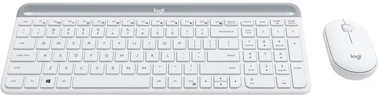 Bovenaanzicht van een wit draadloos Logitech-toetsenbord met QWERTY-indeling en een bijpassende witte muis.