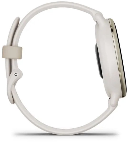 Zijaanzicht links van de ivoorkleurige Garmin Vivoactive 5 smartwatch.