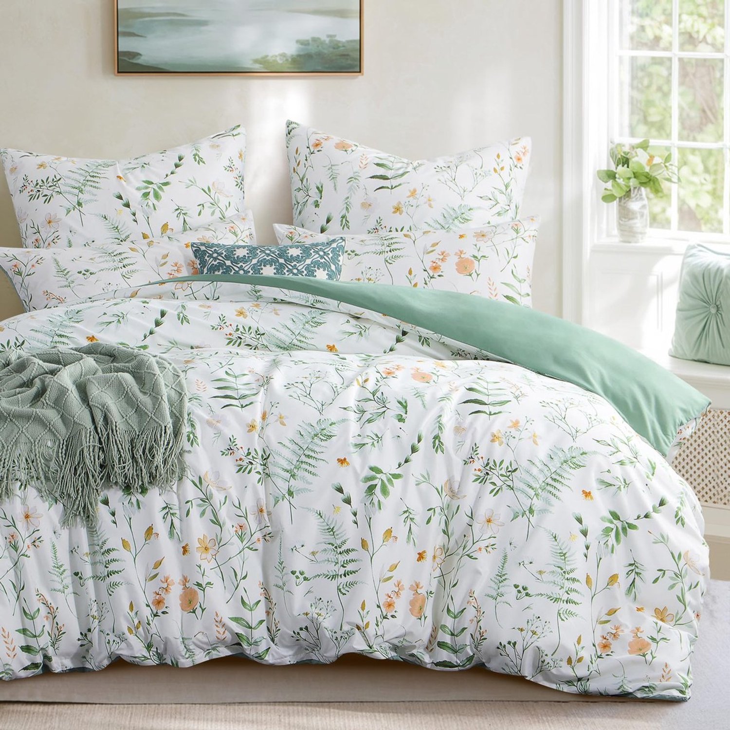 Duraxl Dekbedovertrek - 140 x 200 cm - Groene bloemen - Met kussensloop 65 x 65 cm