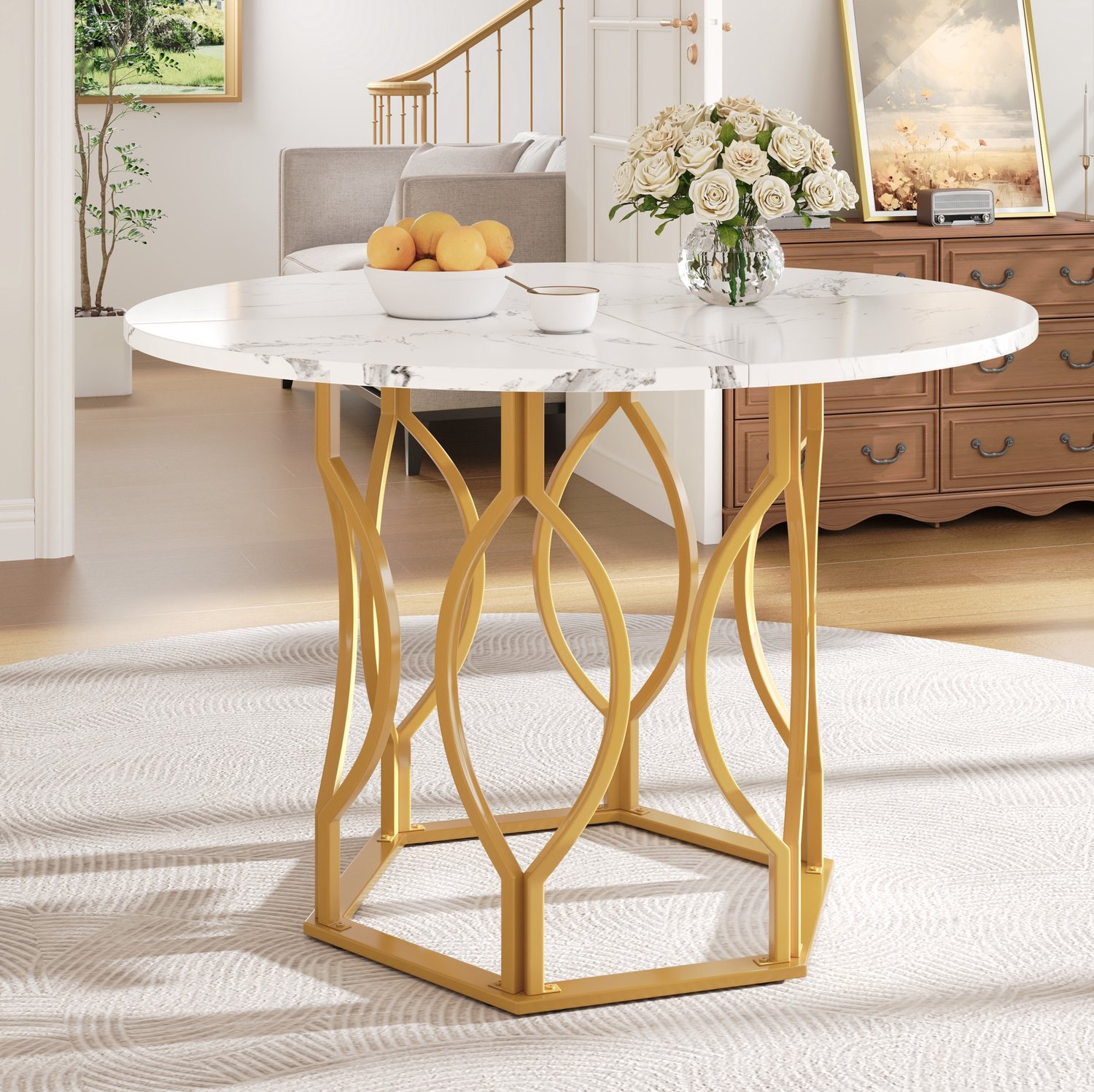 Maisentiel Ronde eettafel voor 4 personen – 100 cm – wit marmereffect – gouden metalen poten