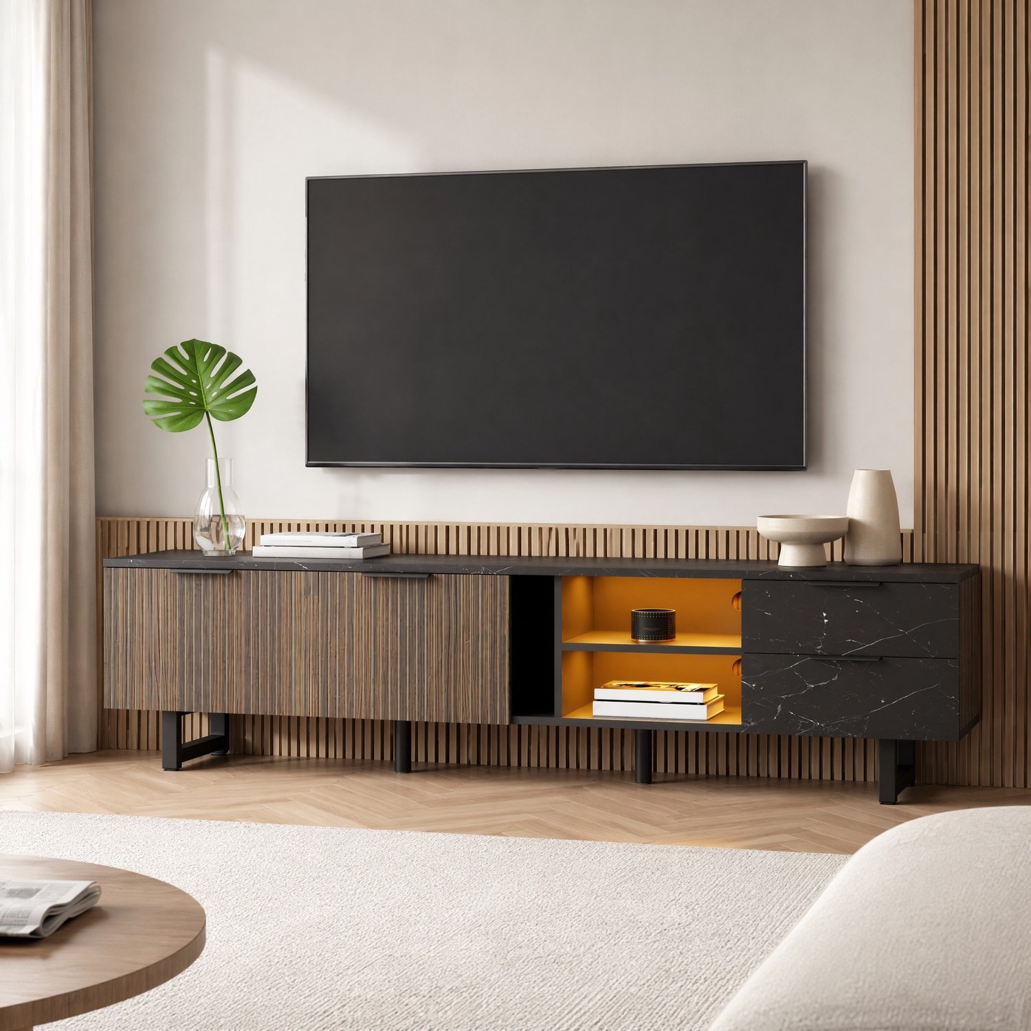 Maisentiel Tv-meubel 200 cm met LED-verlichting, zwarte marmerlook en donker houtdecor Zwart, donker houtkleurig