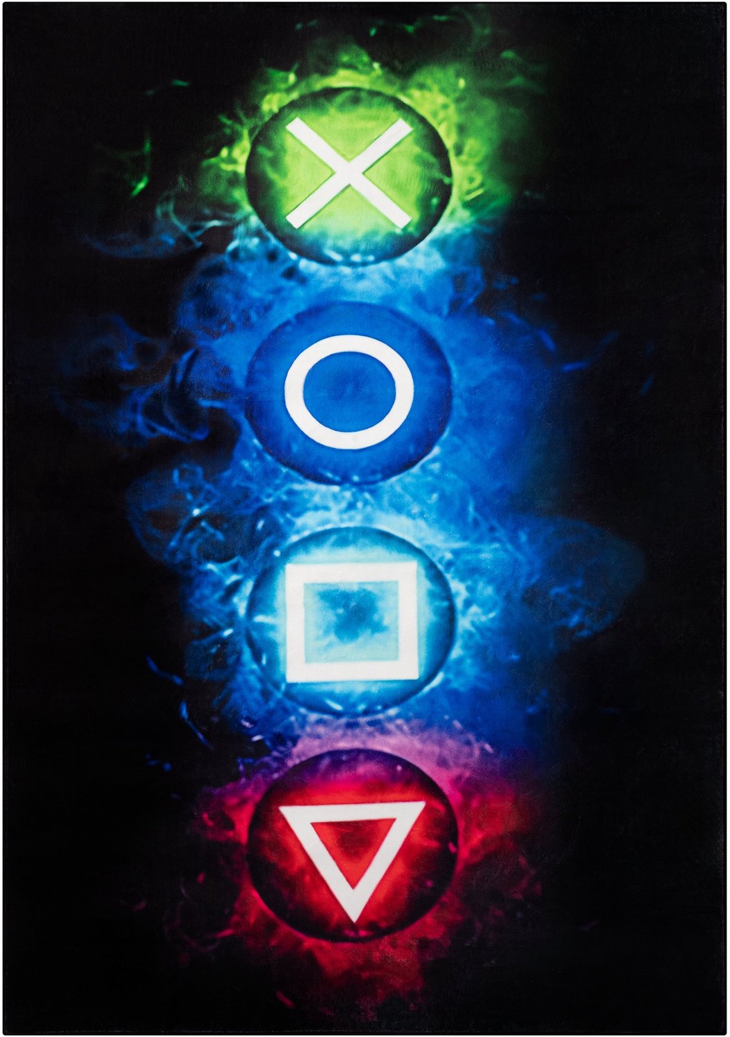 Tapiso COSMO GAME Gaming Tapijt Gamer Vloerkleed voor Jeugdkamer & Game Room Neon Game Symbolen Design Antislip - 180x250 Zwart Multicolor