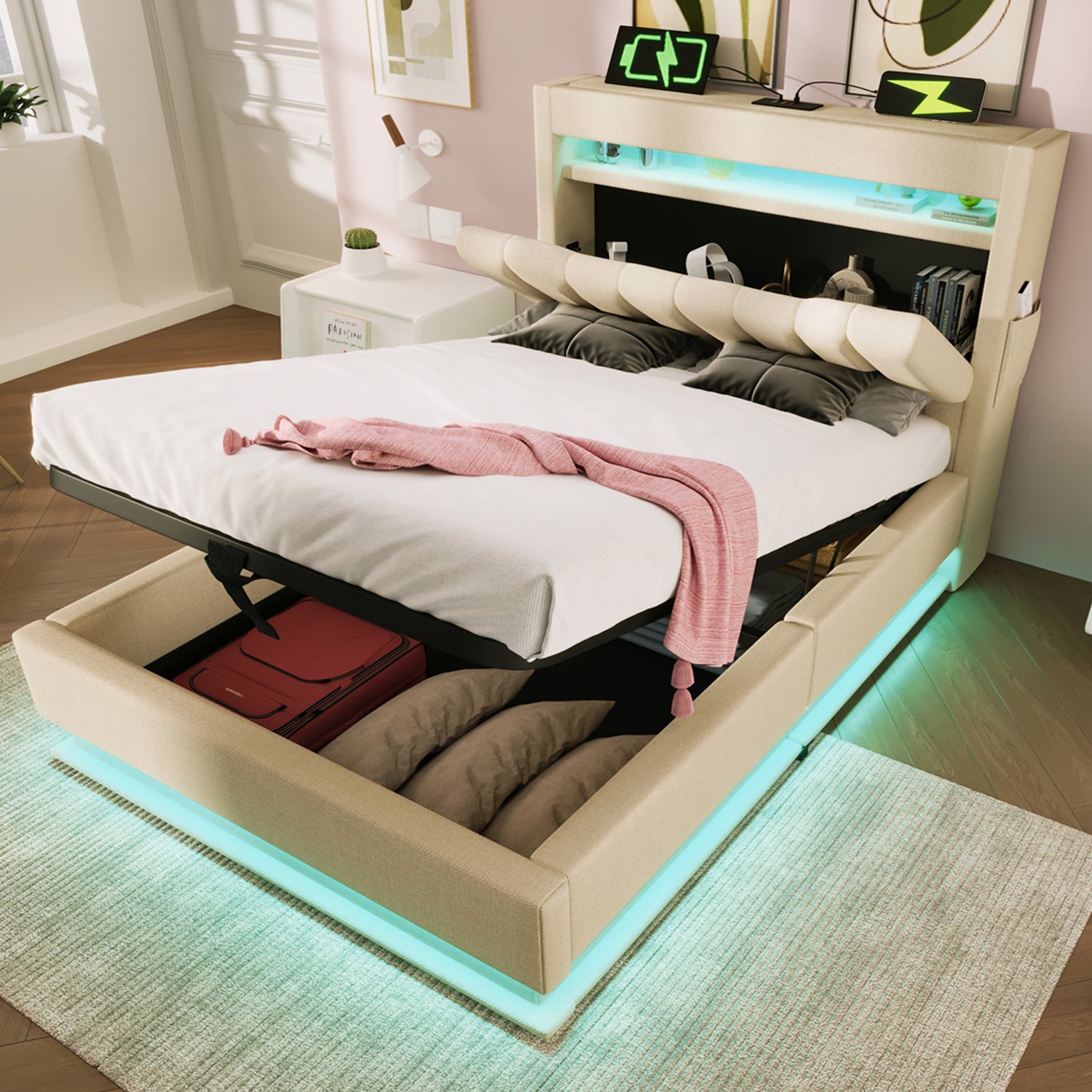 Zubaliya Gestoffeerd bed - 90 x 200 cm - Beige - linnen - Hydraulische opbergruimte - LED-verlichting - USB-aansluiting - USB-C - Stopcontact