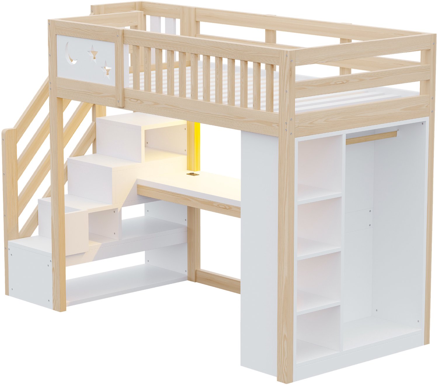 MUVANO Houten hoogslaper 90 x 200 cm - Met bureau, ledverlichting en stopcontacten - Opbergtrap, open kledingkast en planken - Kinderkamer - Naturel/wit