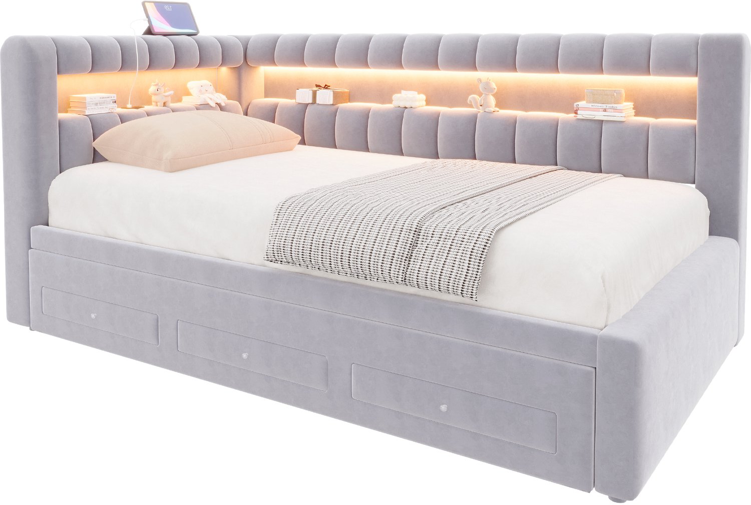 MUVANO Slaapbank met uitschuifbed - gestoffeerd bed 90 x 190 cm - lichtgrijze fluwelen slaapbank met ledverlichting en opbergruimte Lichtgrijs