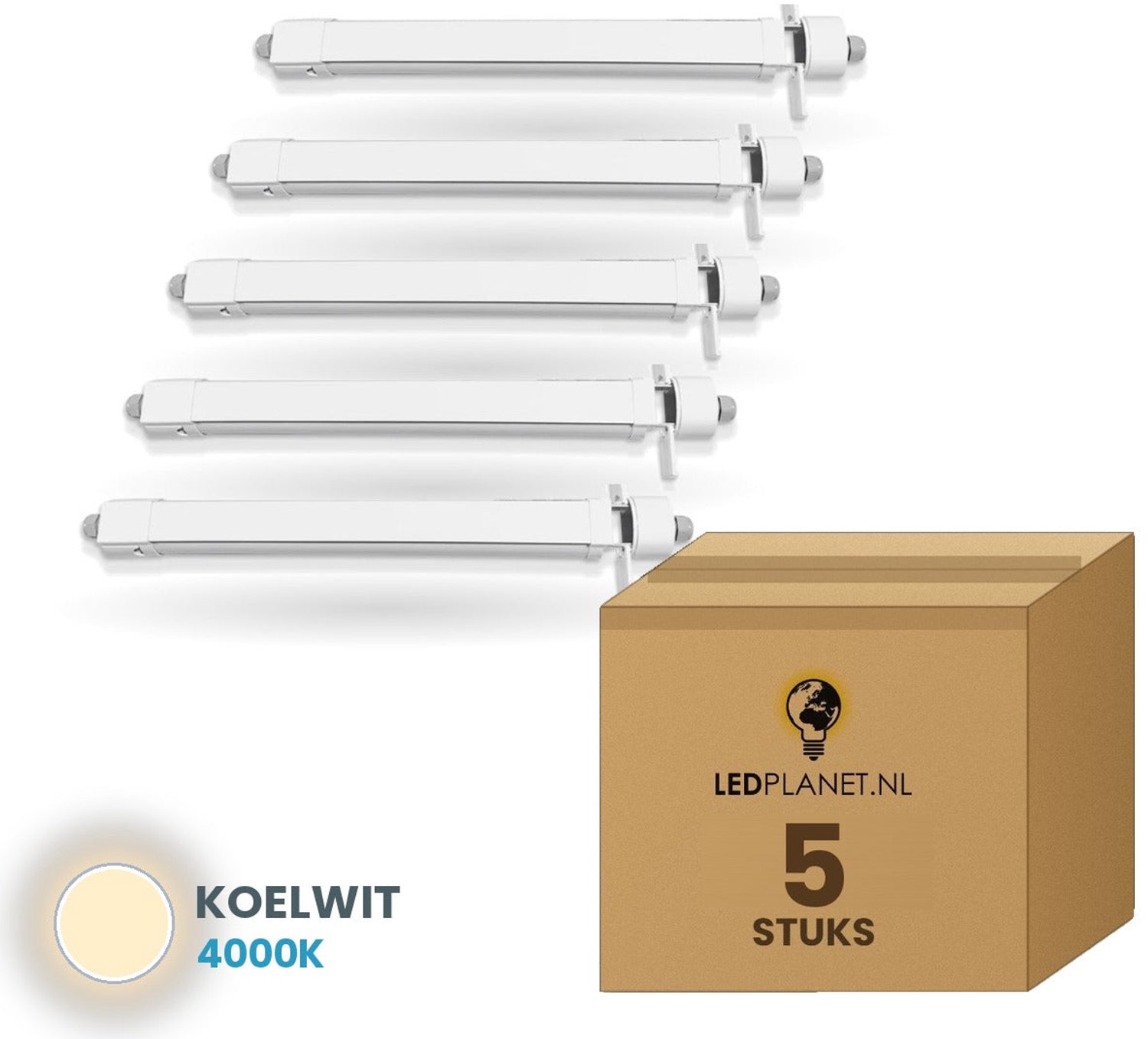 Tsong LED TL armatuur tri-proof 120 cm - 5 stuks - 36W - Koelwit 4000K - 5.400 lm - 150 lm/W - instelbaar 20-36W - koppelbaar - IP65 - IK08 - 230V