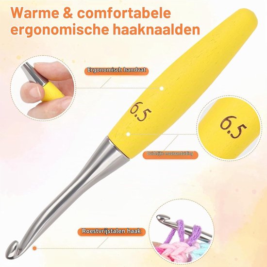 Ergonomische Haaknaald 6.5mm met Beukenhouten Handvat, Rvs Haaknaald voor Beginners, Kleurige en Stijlvolle Haaknaald voor Haken van Mutsen en Accessoires — afbeelding 5