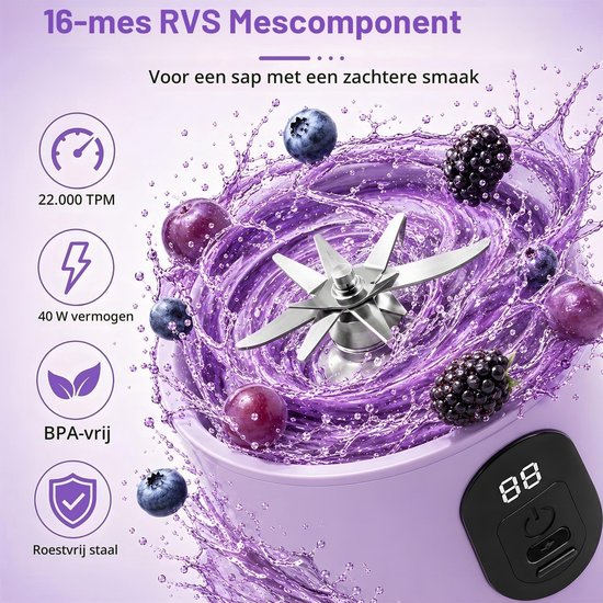 Draagbare Mini Mixer met Digitaal Display, Oplaadbare Smoothie Maker voor Fruit, Sappen en Smoothies met Schoonmaakborstel — afbeelding 3