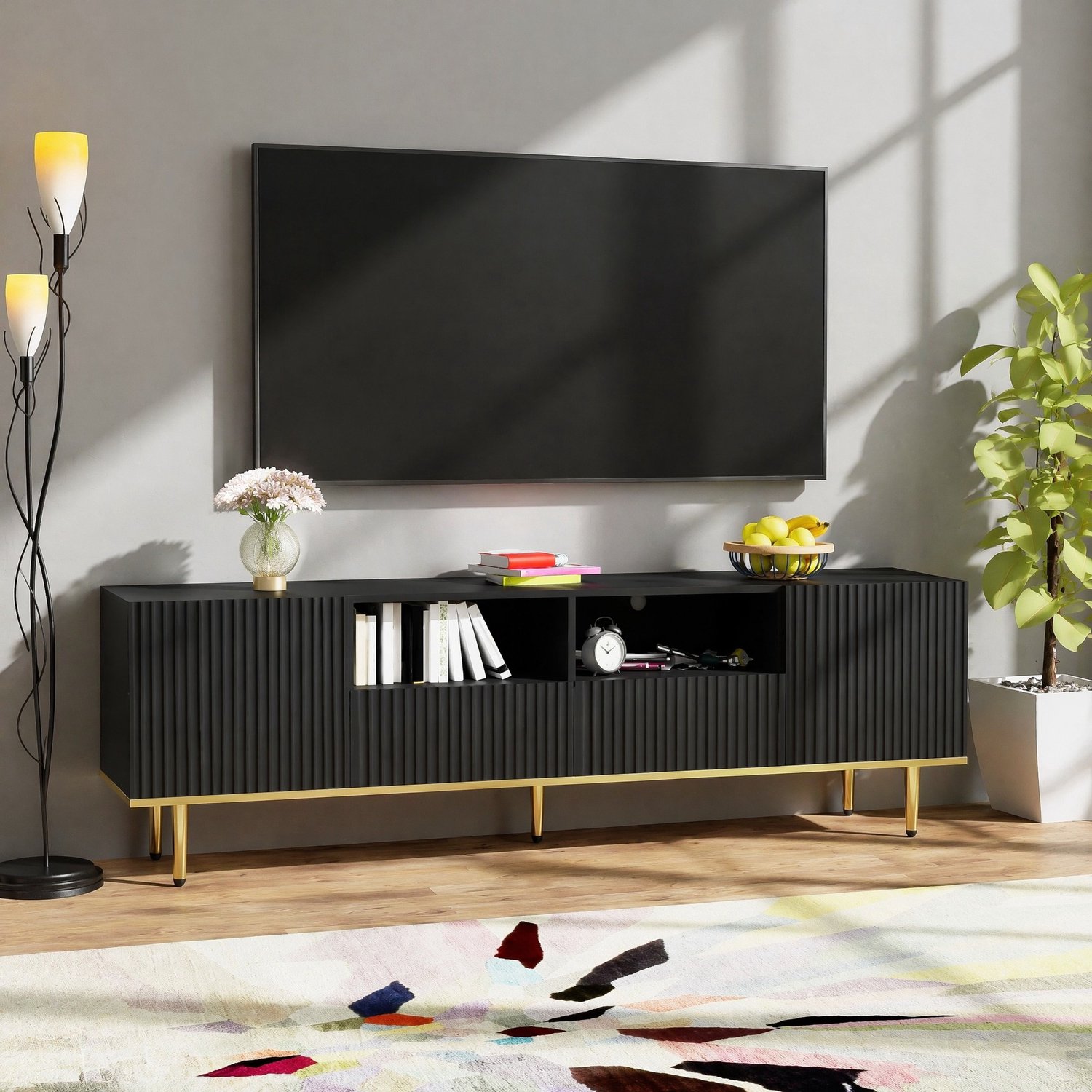 Maisentiel Tv-meubel van spaanplaat met 2 lades en gouden poten - zwart/goud - 165 cm Zwart en goud