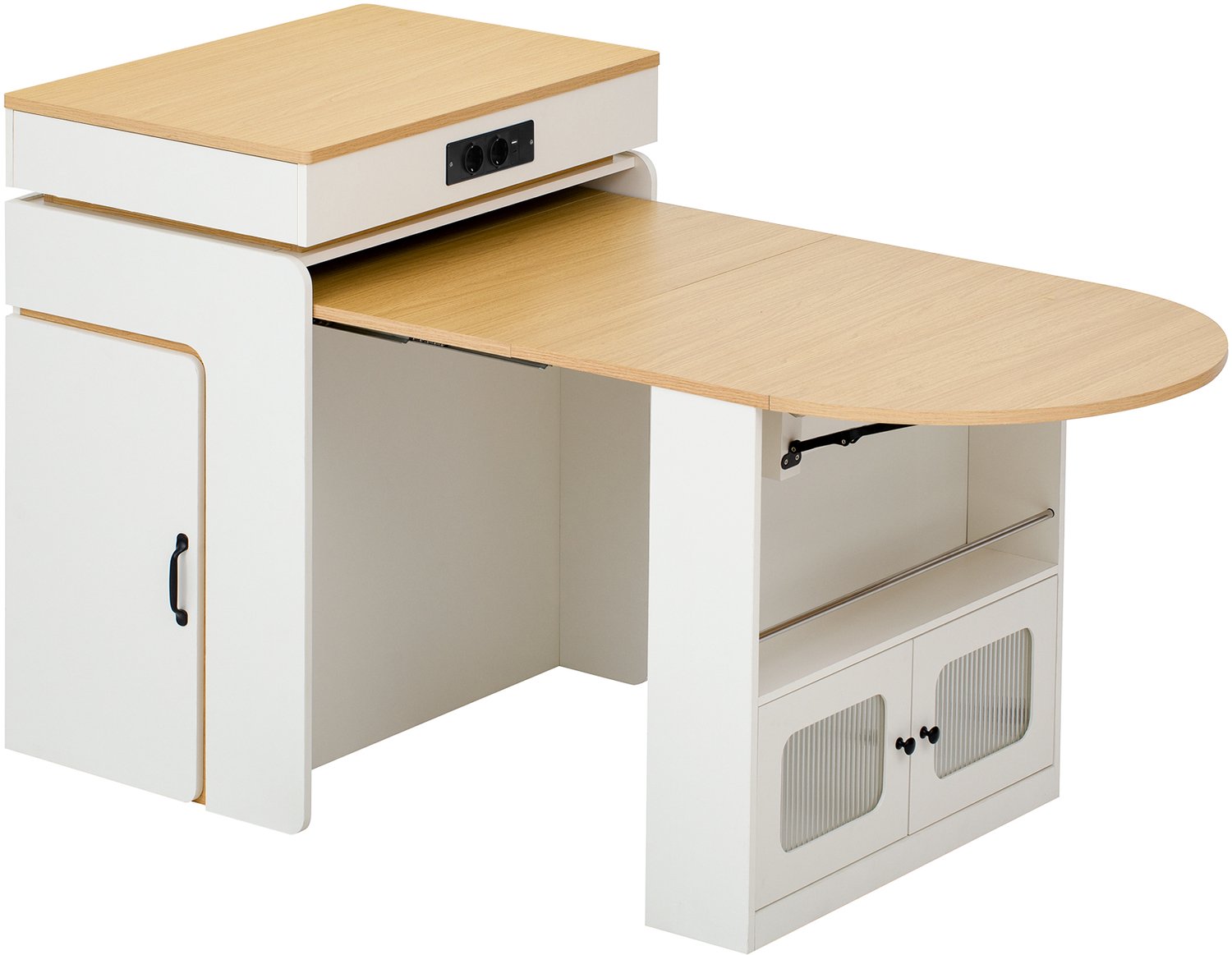 MUVANO Wit keukeneiland op wielen - Uitschuifbare eettafel met opbergruimte - Ledverlichting en stopcontacten - 55–194 x 80 x 95,5 cm - Keuken