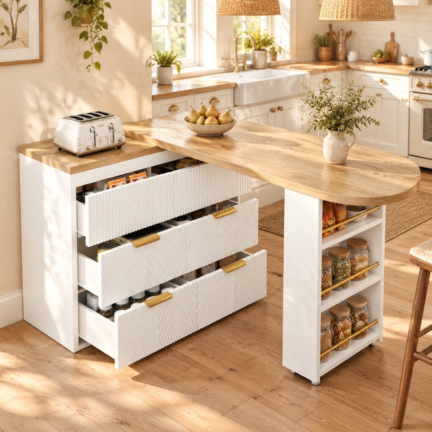 Maisentiel Witte bartafel met 6 lades en zijrek - draaibaar - 128-203 x 39 x 90 cm Wit en houtkleur