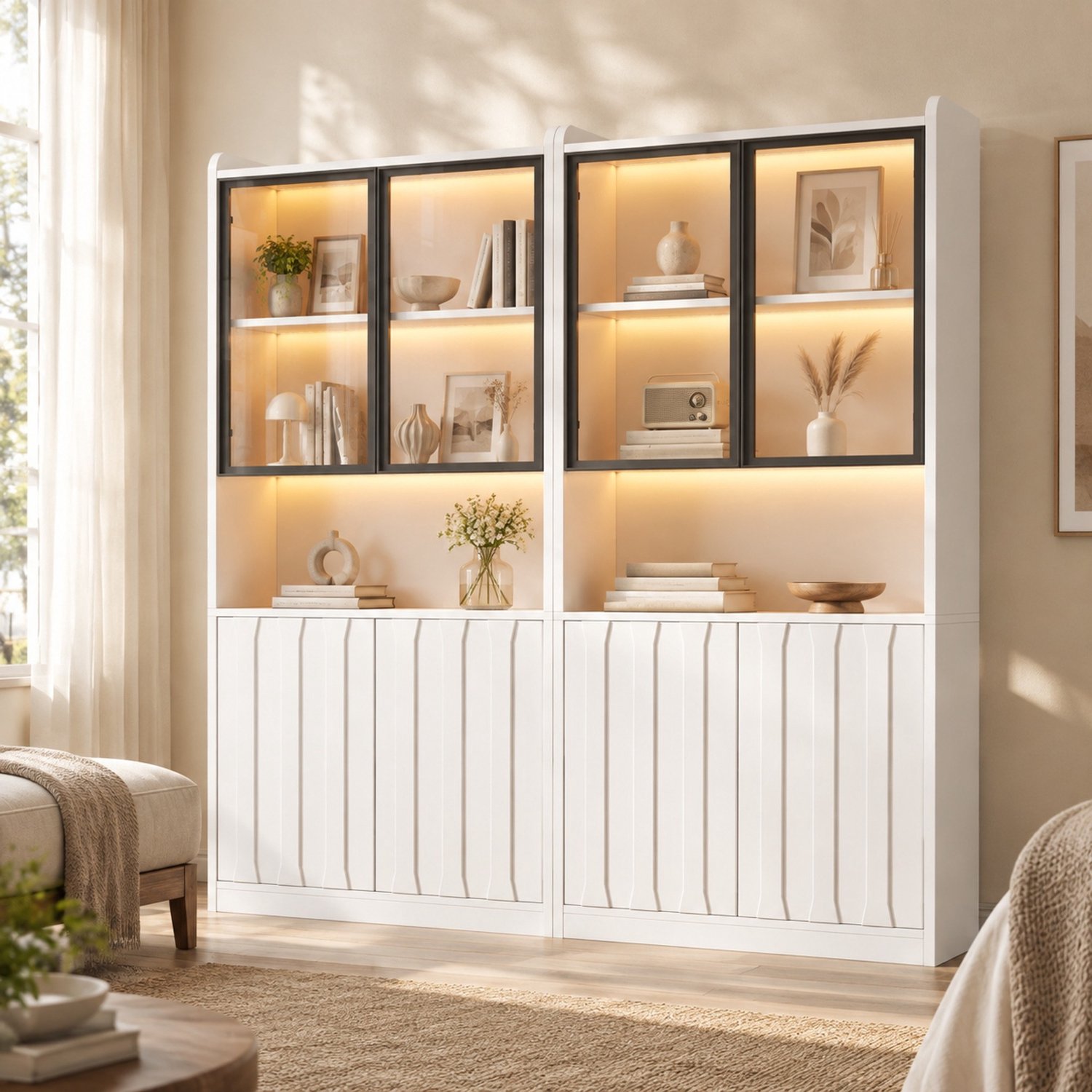 HAUSS SPOLE Vitrinekast - Set van 2 met Glazen Deuren en Ledverlichting - Voor Woonkamer en Werkkamer - Spaanplaat en Glas - Wit - 160x35x200 cm