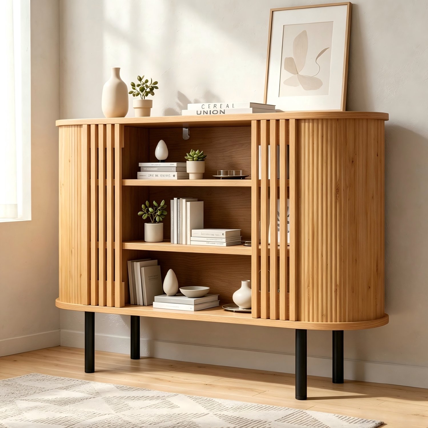 DESMIU Dressoir - 3 Open Vakken en Verstelbare Metalen Poten - voor Woonkamer en Eetkamer - MDF en Spaanplaat - 120x40x80 cm - Naturel Houtkleur
