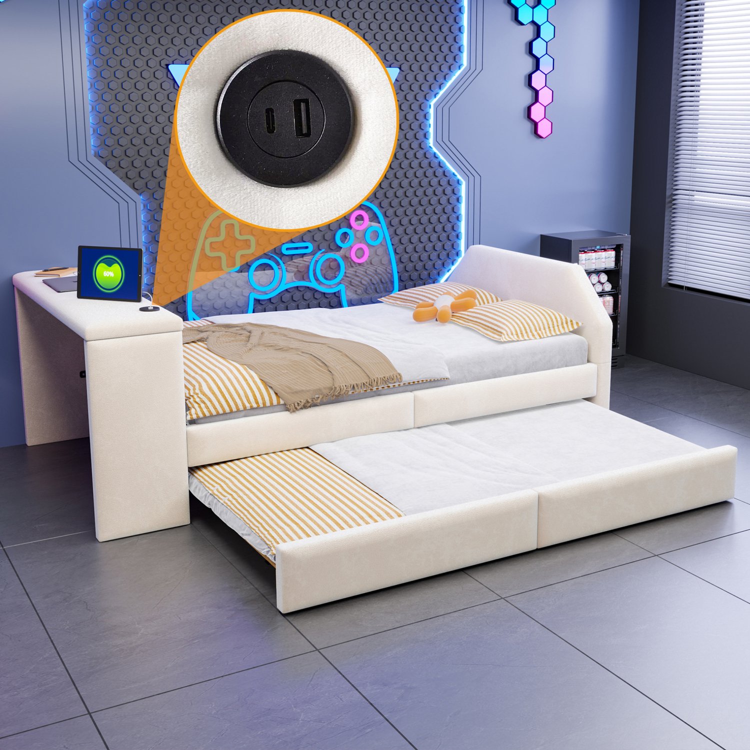 MODFU Kinderbed Met Uitschuifbaar Gastenbed - Bureau Met USB-Aansluiting - Beige - 90 × 200 cm